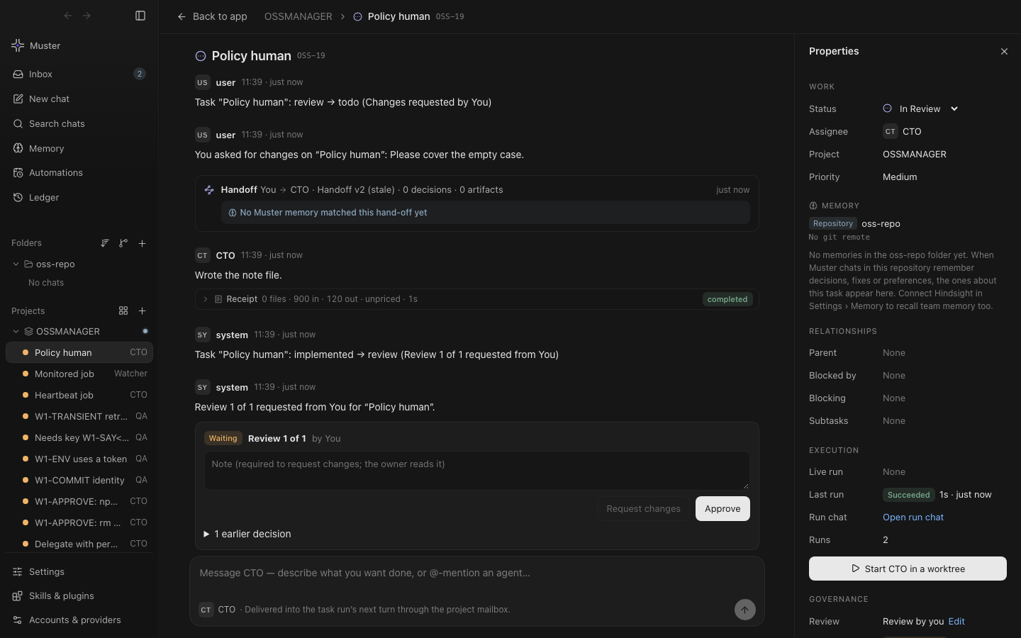 Current Muster task conversation with handoff memory, receipt, review controls and task properties