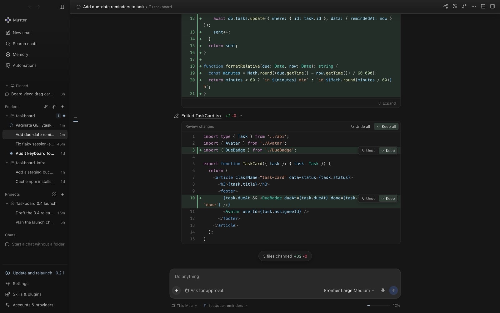 Muster Agent chat with inline diffs for each file the agent edited