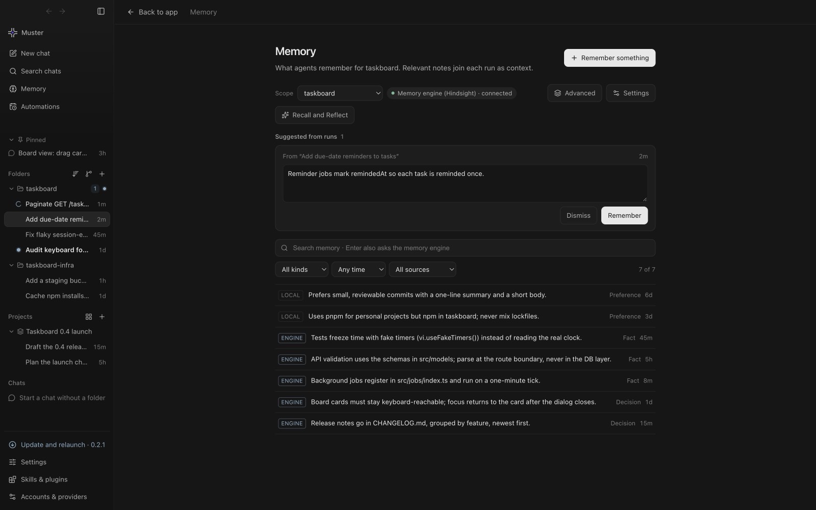 The Muster Agent Memory screen showing saved notes for a folder with search and scope