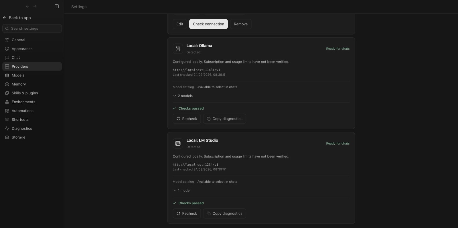 Muster Agent showing local model servers Ollama and LM Studio next to API keys from the environment