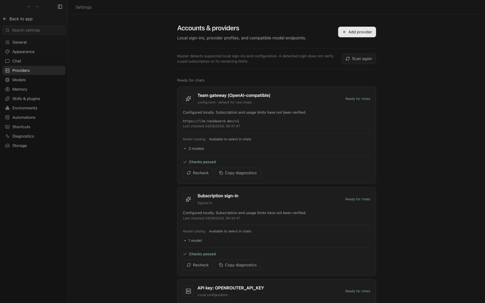 Muster Agent provider setup showing detected sign-ins, gateways, API keys and local model servers