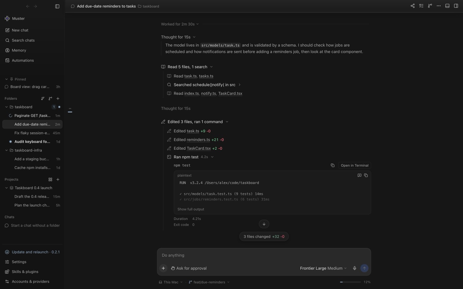 An agent turn opened up showing reasoning, file reads, edits and a test run with output
